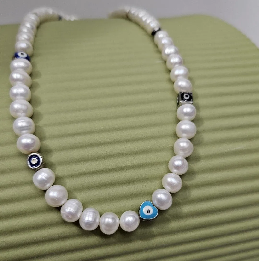 White Side Drill Baroque Pearl and Evil Eye Necklaces